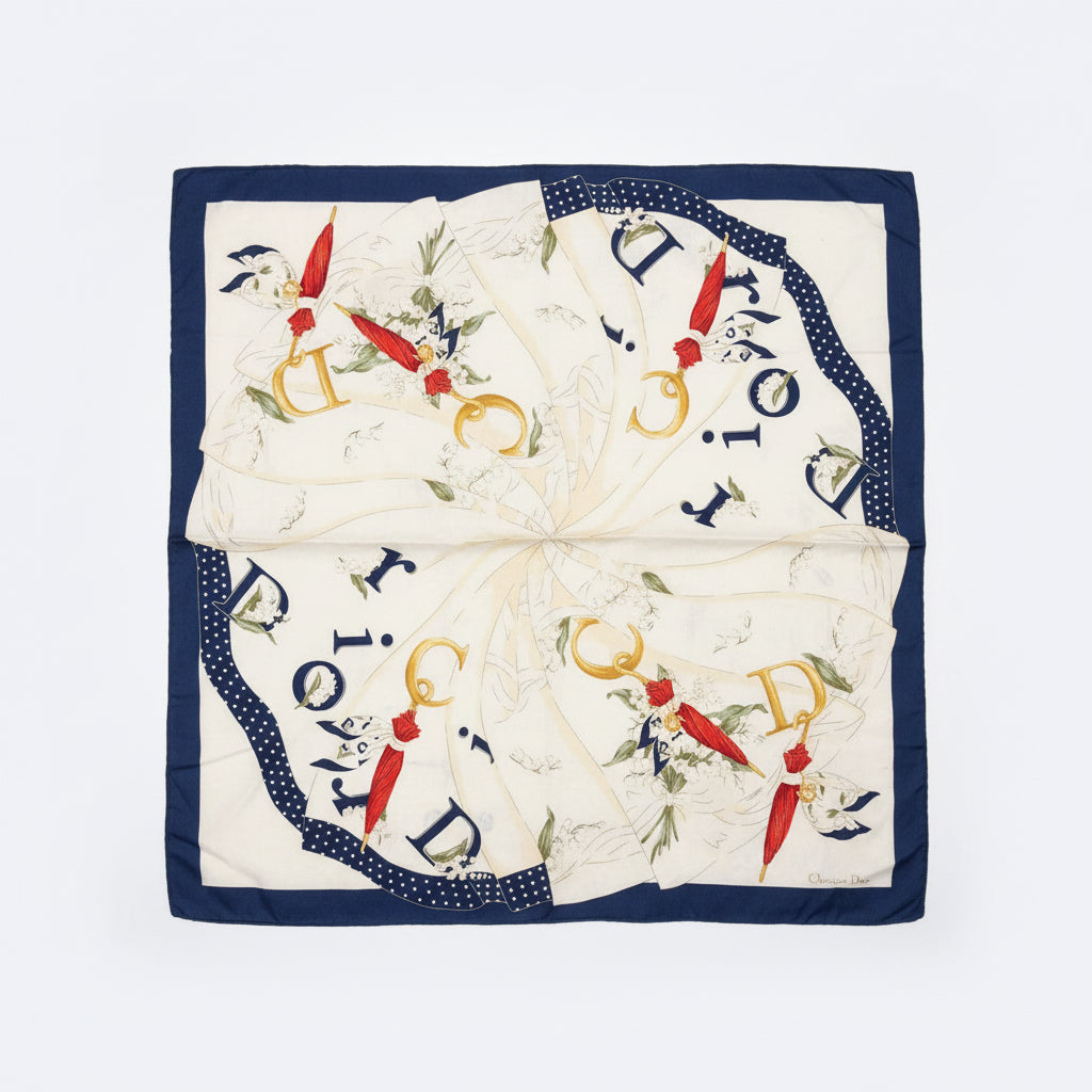 Christian Dior Printed Scarf – Navy, Ivory & Red