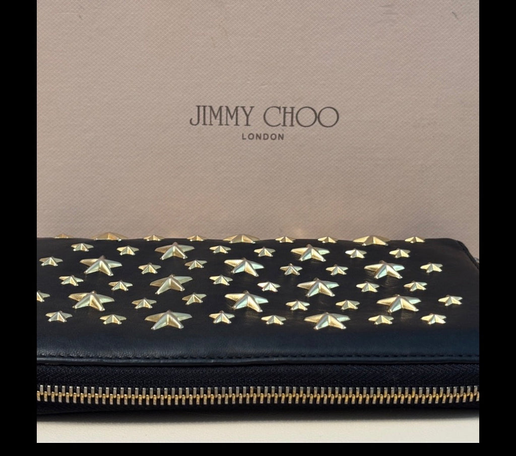 Jimmy Choo Black Star Studded Zip Wallet – Gold Hardware | Soft Leather | Statement Piece