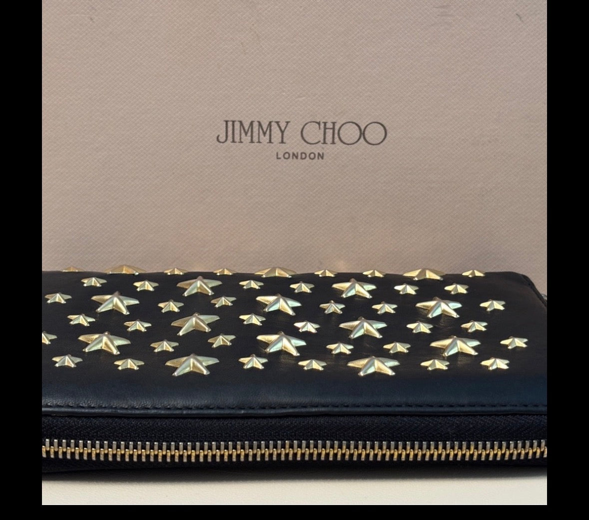 Jimmy Choo Black Star Studded Zip Wallet – Gold Hardware | Soft Leather | Statement Piece