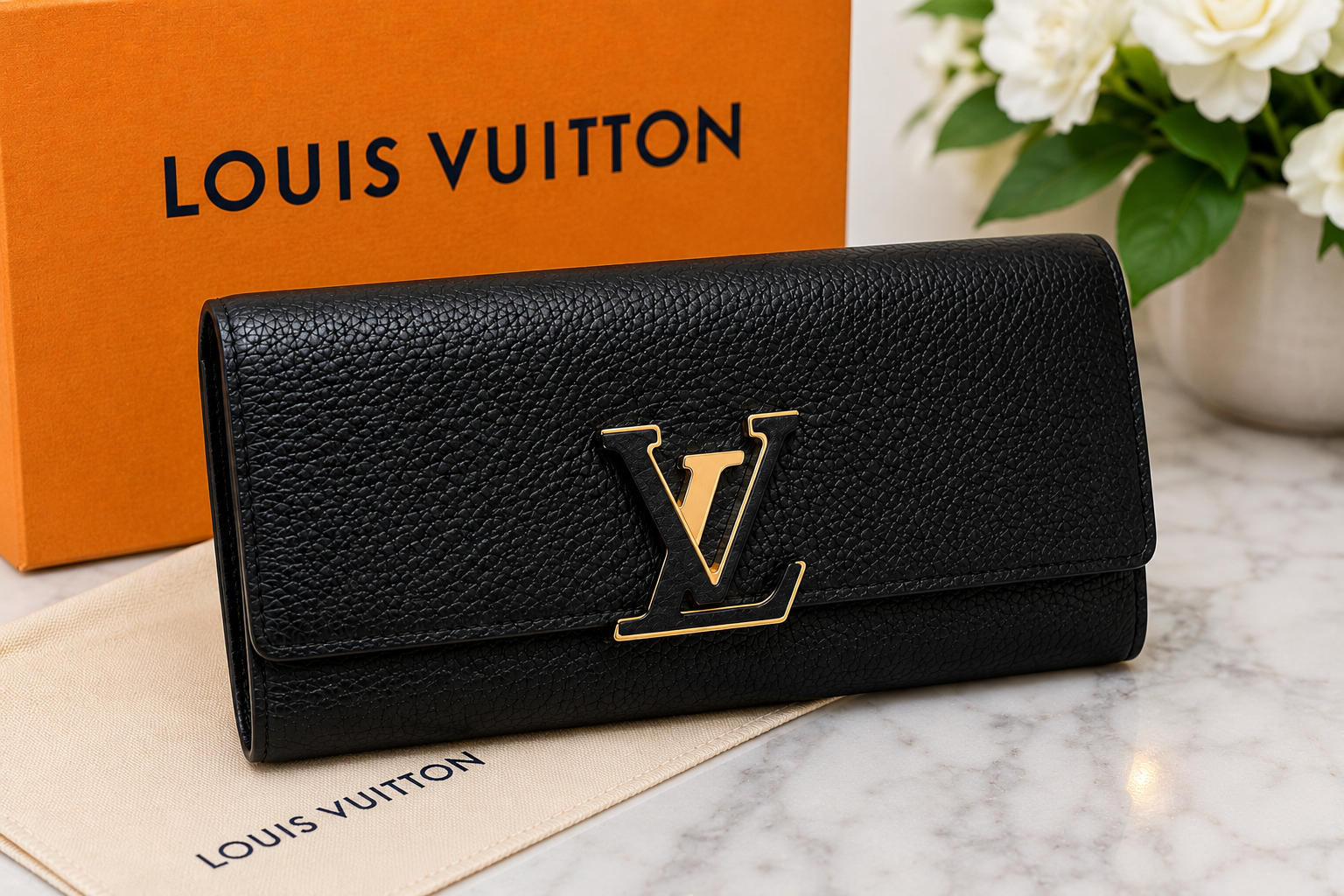 Louis Vuitton Capucines Wallet – Black Taurillon Leather / Hot Pink Interior