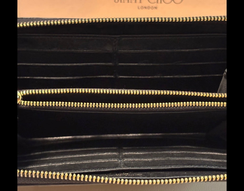 Jimmy Choo Black Star Studded Zip Wallet – Gold Hardware | Soft Leather | Statement Piece