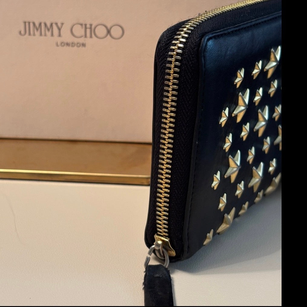 Jimmy Choo Black Star Studded Zip Wallet – Gold Hardware | Soft Leather | Statement Piece