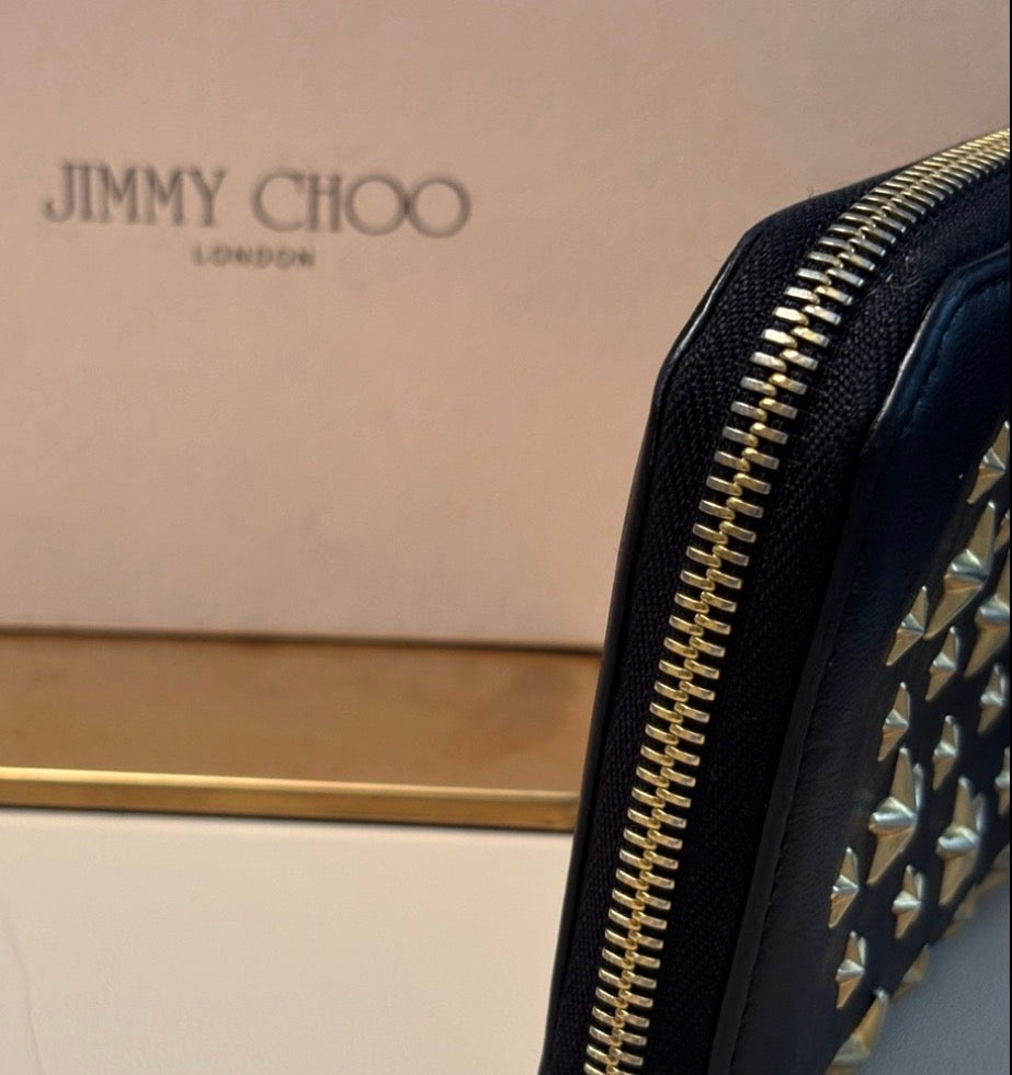 Jimmy Choo Black Star Studded Zip Wallet – Gold Hardware | Soft Leather | Statement Piece
