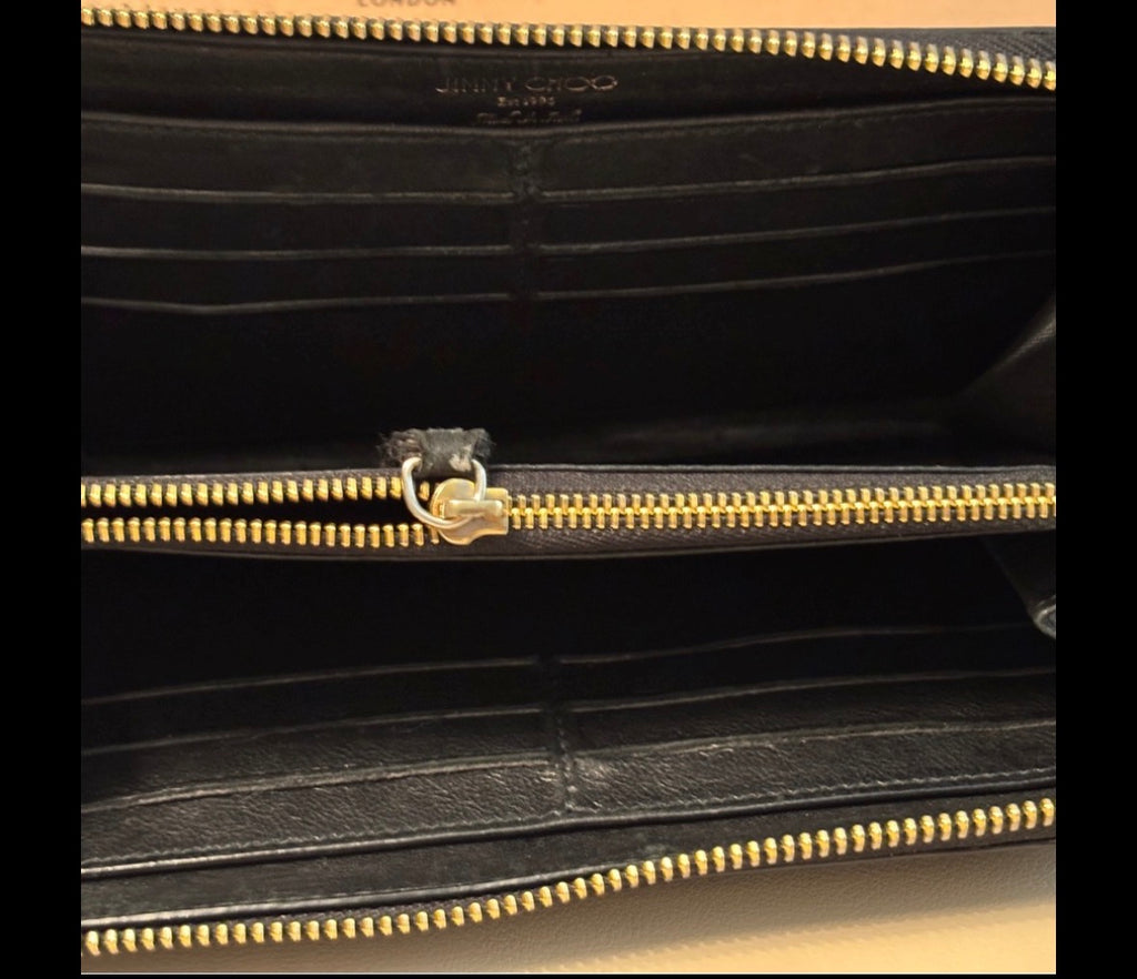 Jimmy Choo Black Star Studded Zip Wallet – Gold Hardware | Soft Leather | Statement Piece