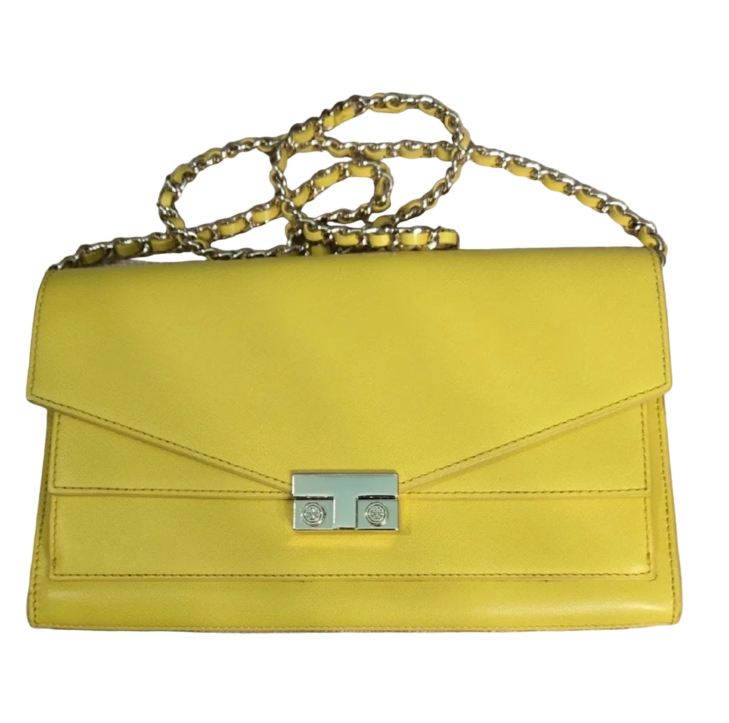 Tory Burch Yellow Saffiano Leather T-Lock Clutch/Crossbody