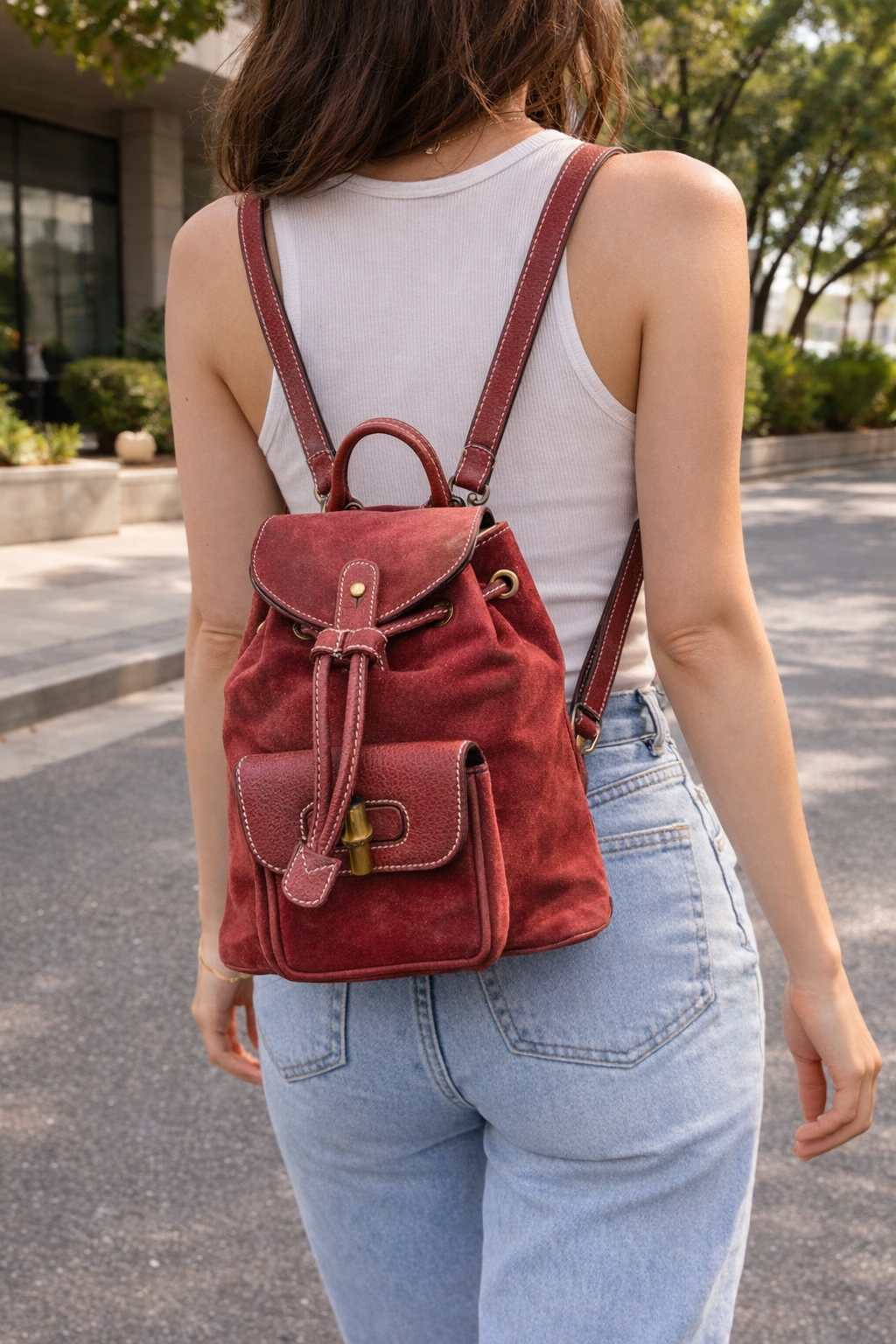 Gucci Red Suede Bamboo Mini Backpack
