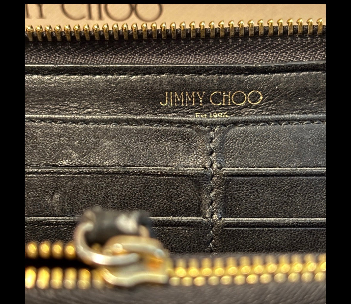 Jimmy Choo Black Star Studded Zip Wallet – Gold Hardware | Soft Leather | Statement Piece