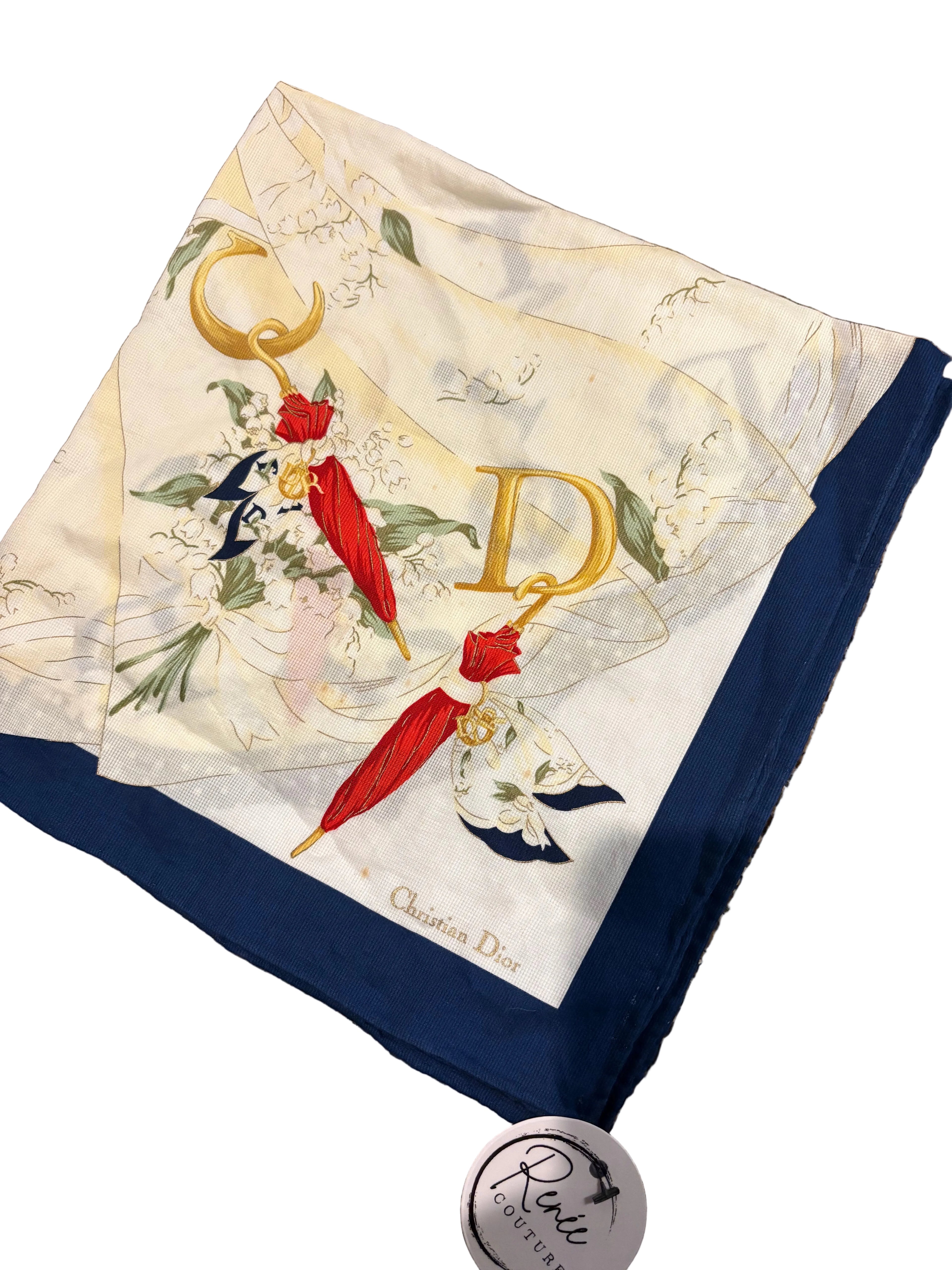 Christian Dior Printed Scarf – Navy, Ivory & Red