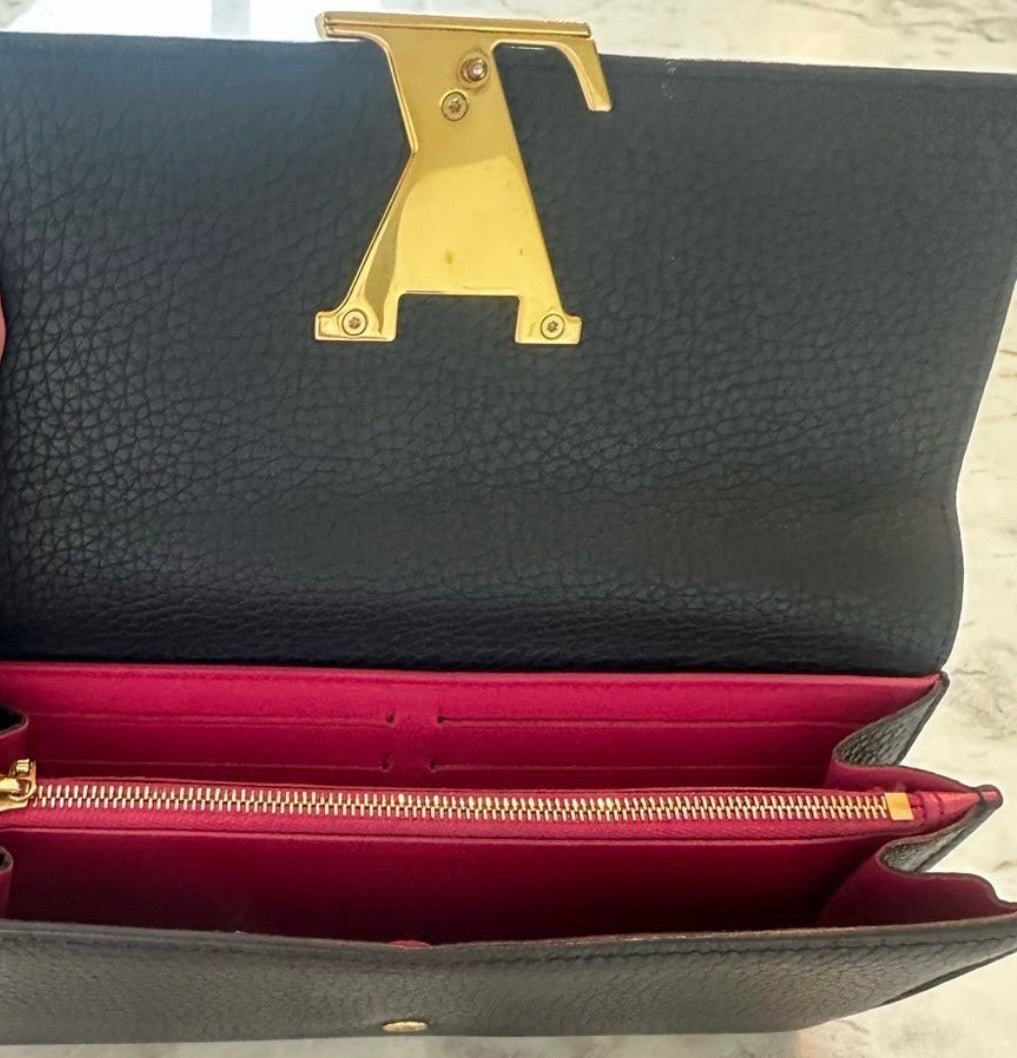 Louis Vuitton Capucines Wallet – Black Taurillon Leather / Hot Pink Interior