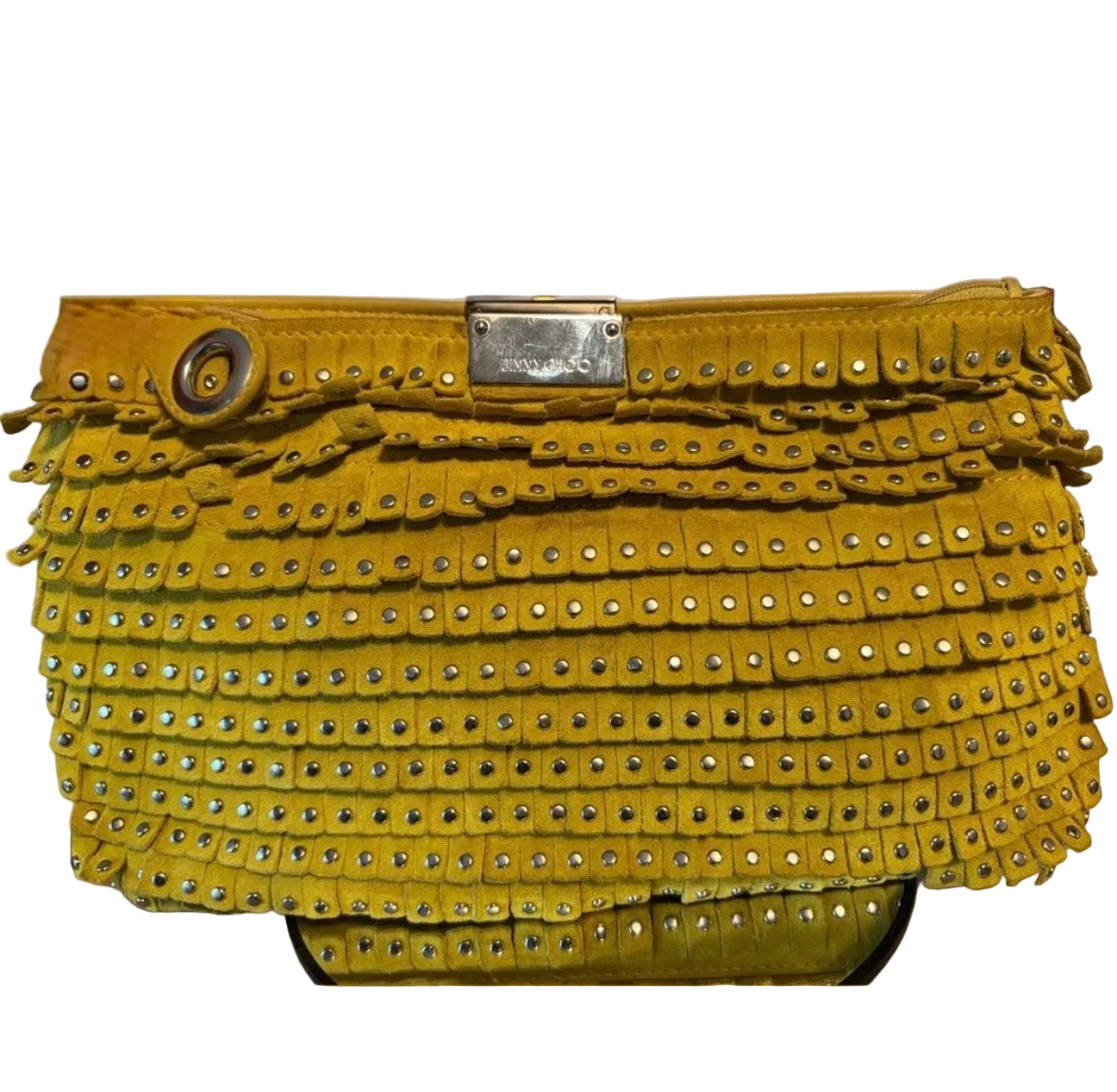 Jimmy Choo Zulu Yellow Suede Fringe Studded Clutch Made in Italy Rare