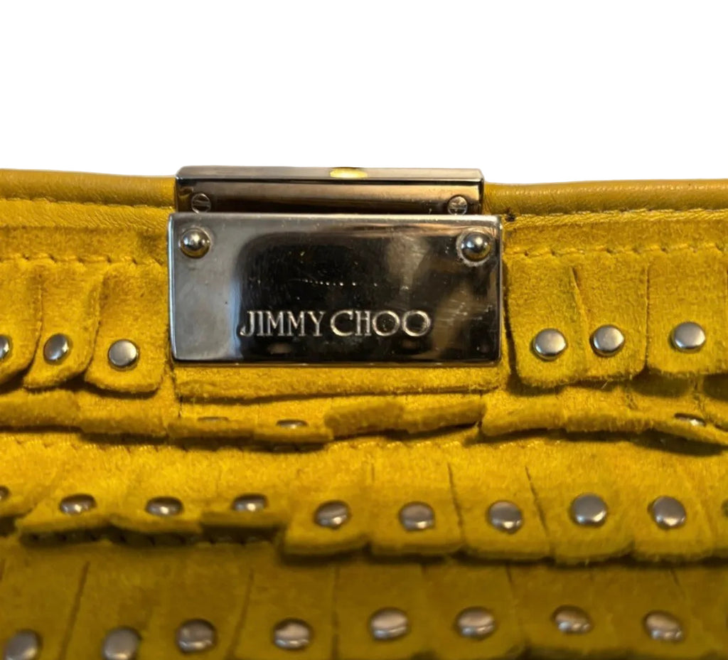 Jimmy Choo Zulu Yellow Suede Fringe Studded Clutch Made in Italy Rare