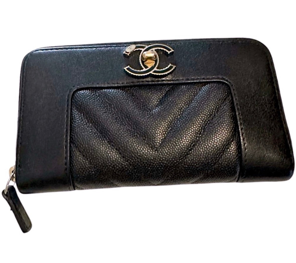 Chanel Chevron Caviar Leather Zip Wallet – Black with CC Turn-Lock
