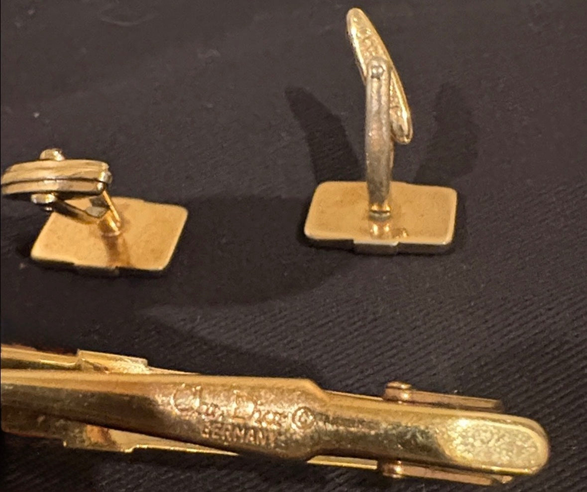 Vintage Christian Dior Gold-Tone Cufflinks & Tie Bar Set with Original Dior Pouch