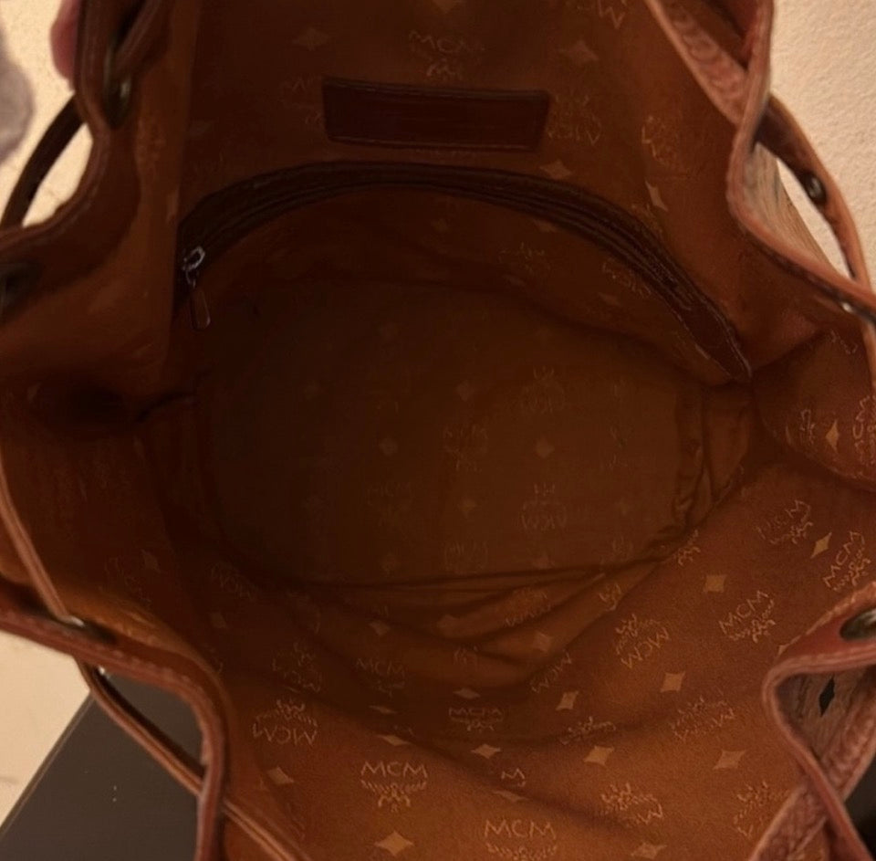 MCM Visetos Cognac Drawstring Bucket Bag (Germany)
