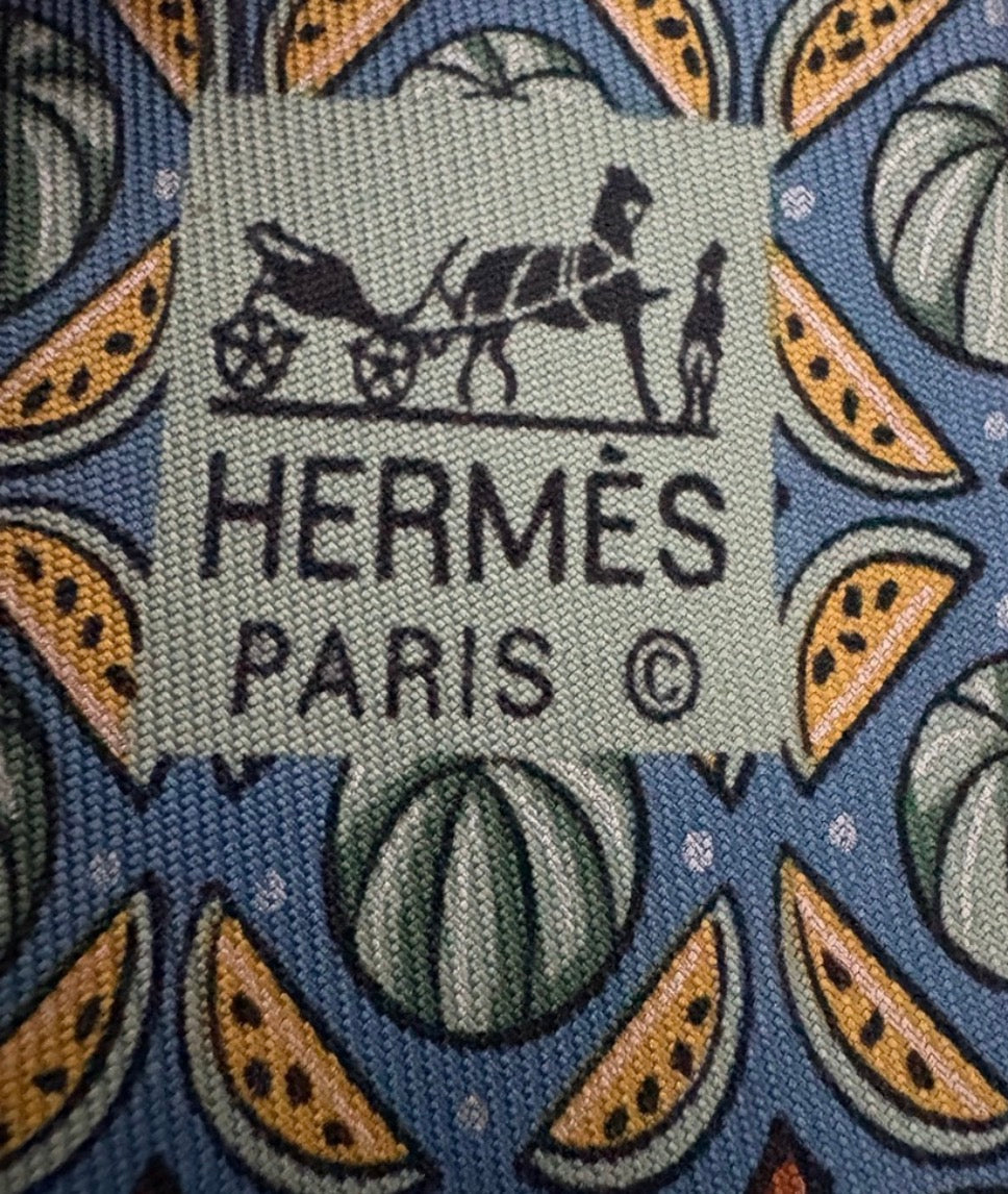 Hermès Paris 100% Silk Tie Blue Fruit Melon Novelty Print Made in France