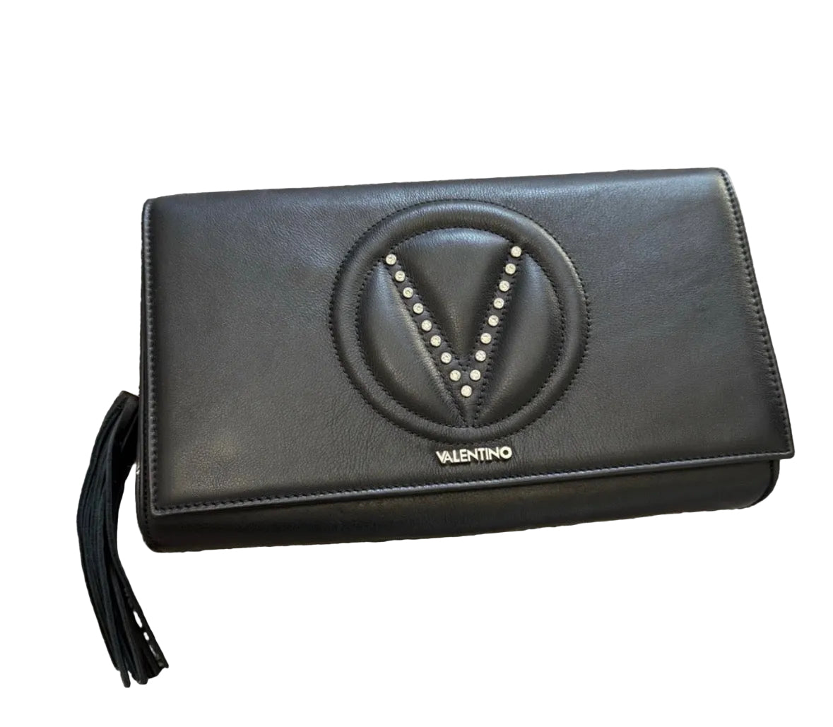 Mario Valentino V Logo Leather Clutch with Stud Detail & Tassel – Black