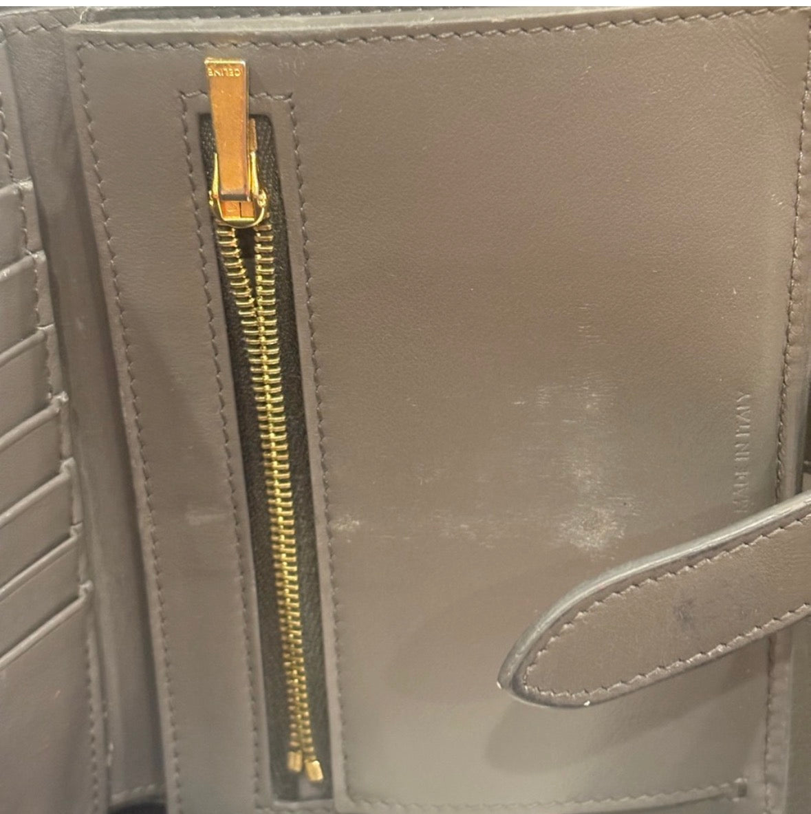 Celine Paris Grey Leather Strap Wallet Made in Italy w/ Box & Dust Bag