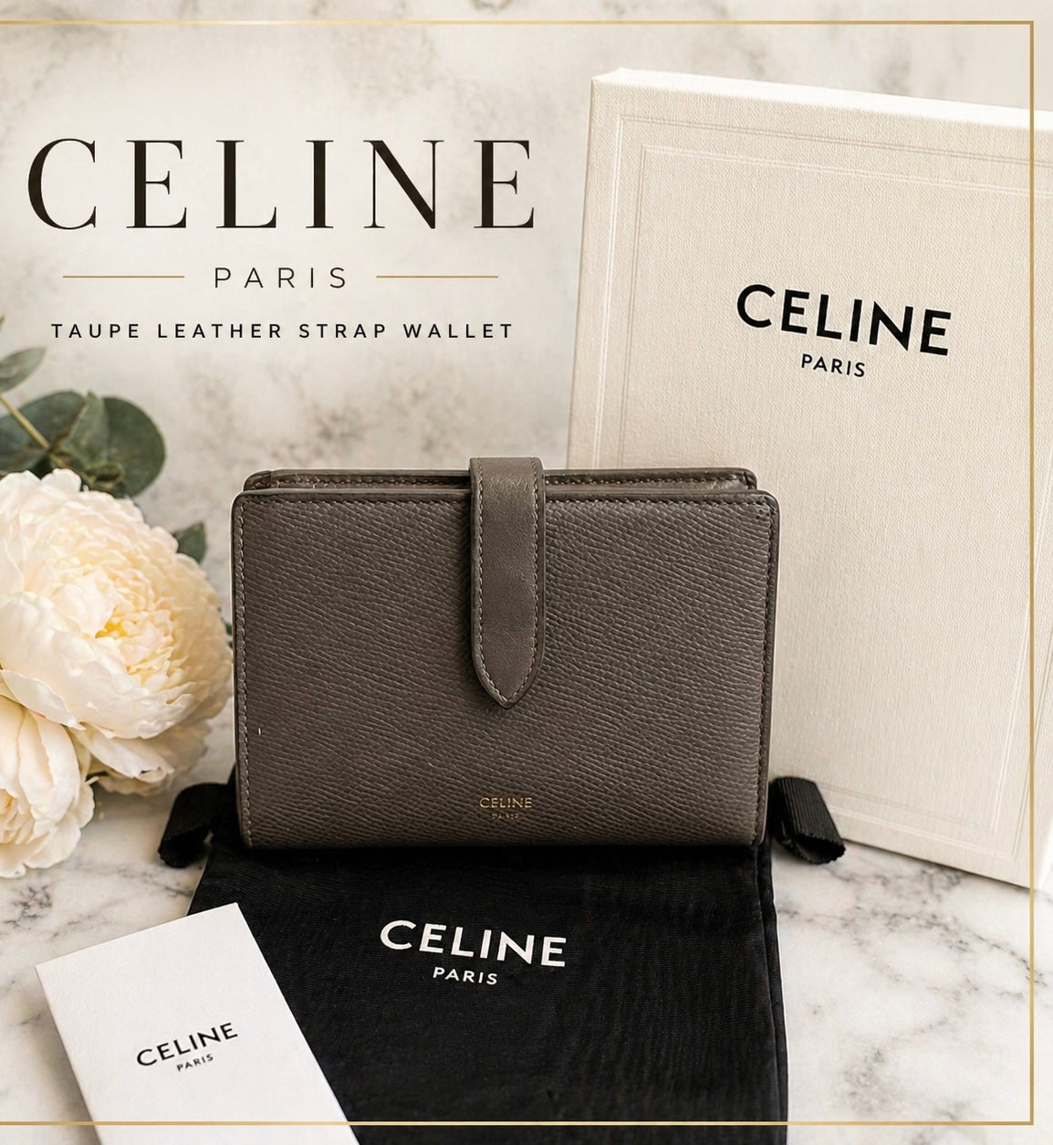 Celine Paris Grey Leather Strap Wallet Made in Italy w/ Box & Dust Bag