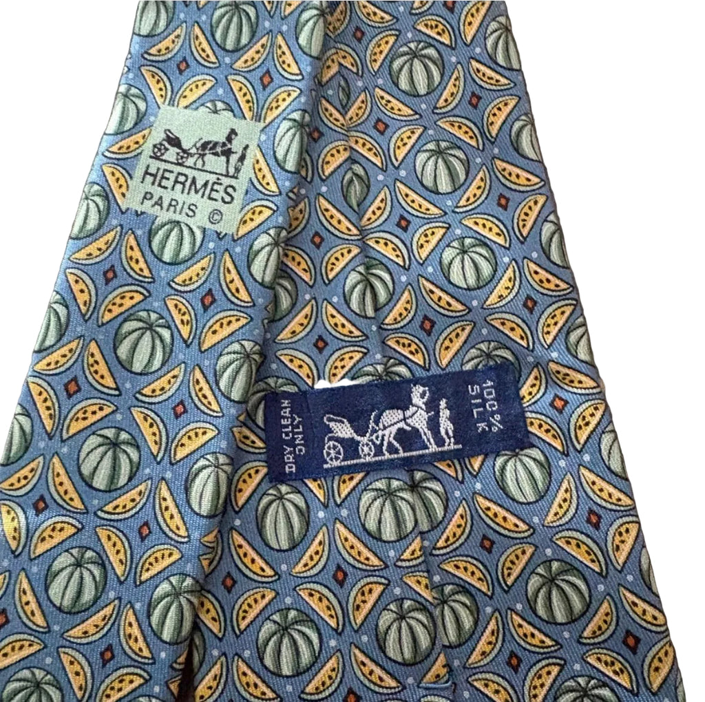 Hermès Paris 100% Silk Tie Blue Fruit Melon Novelty Print Made in France