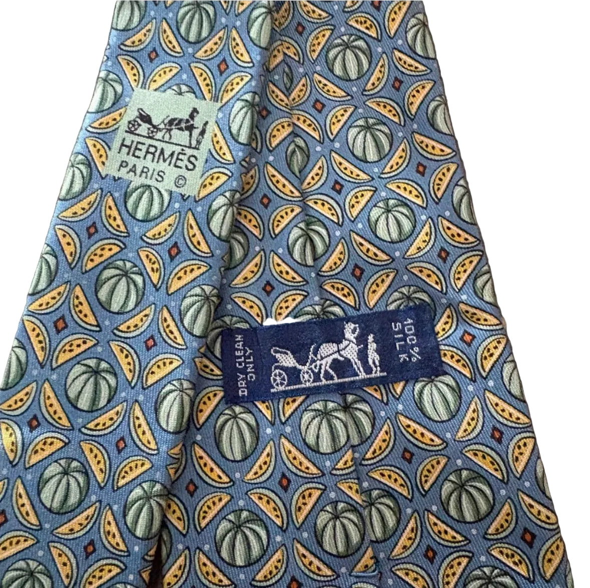 Hermès Paris 100% Silk Tie Blue Fruit Melon Novelty Print Made in France