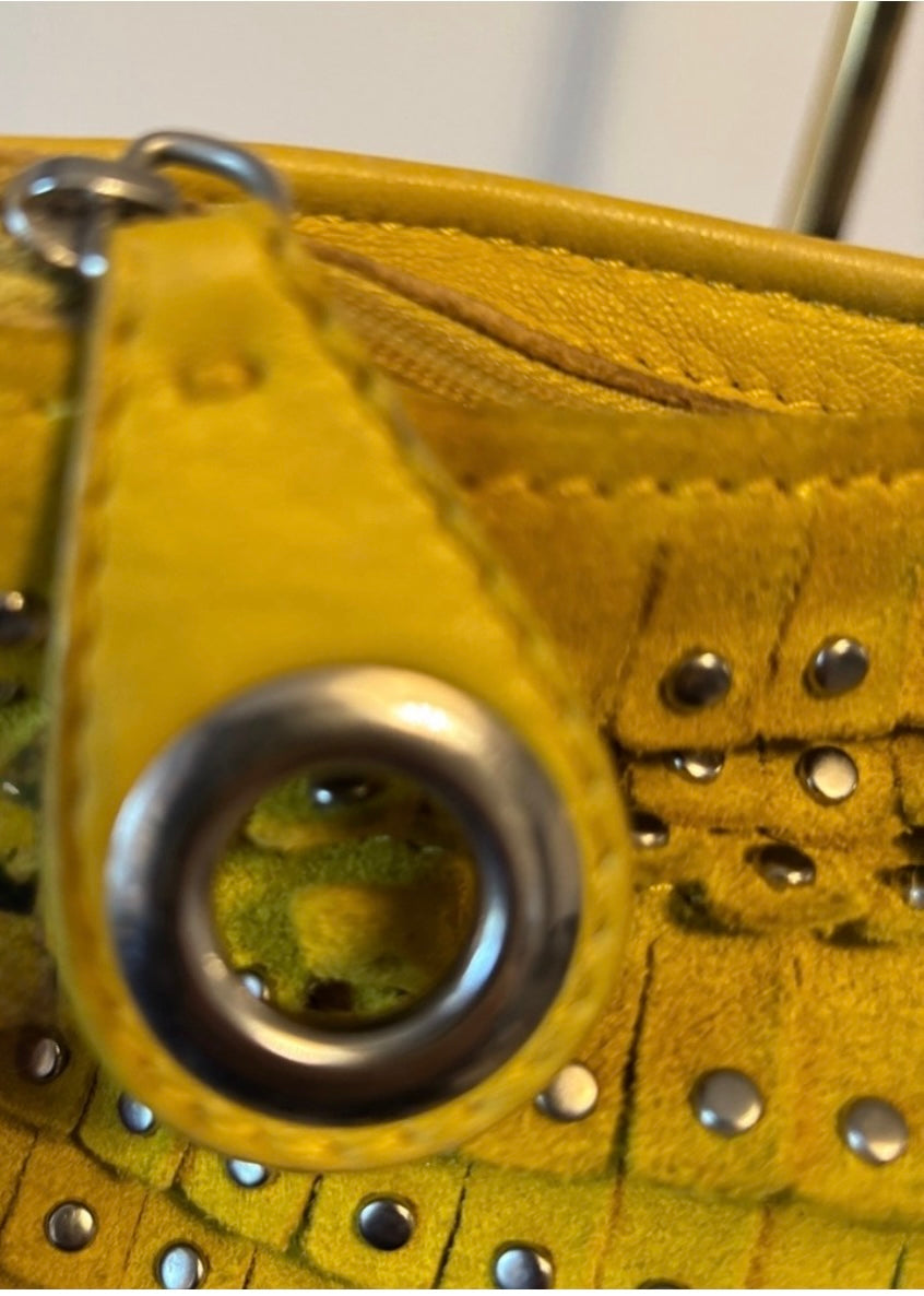 Jimmy Choo Zulu Yellow Suede Fringe Studded Clutch Made in Italy Rare