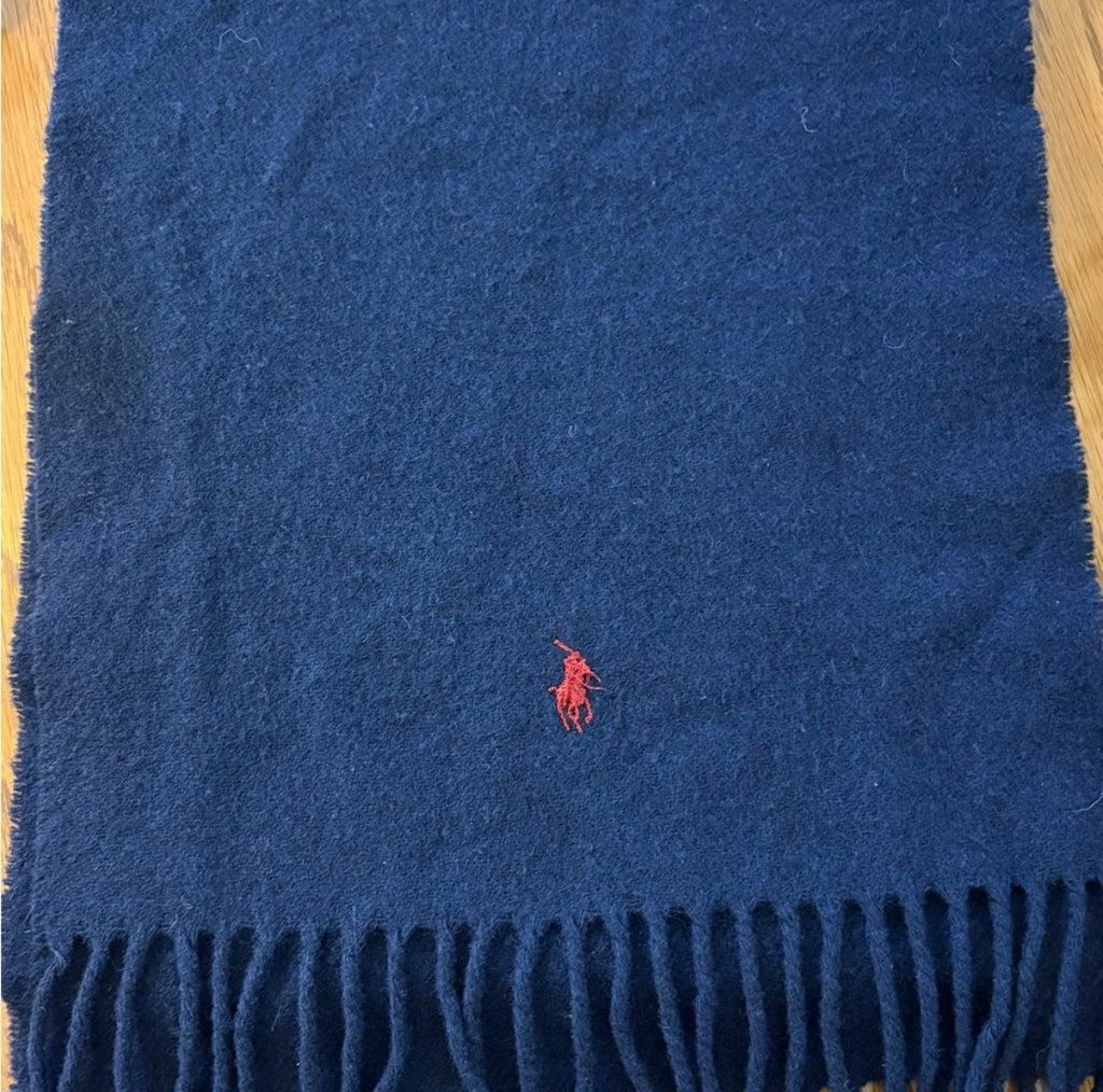 Polo Ralph Lauren 100% Lambswool Scarf – Navy Blue with Red Logo