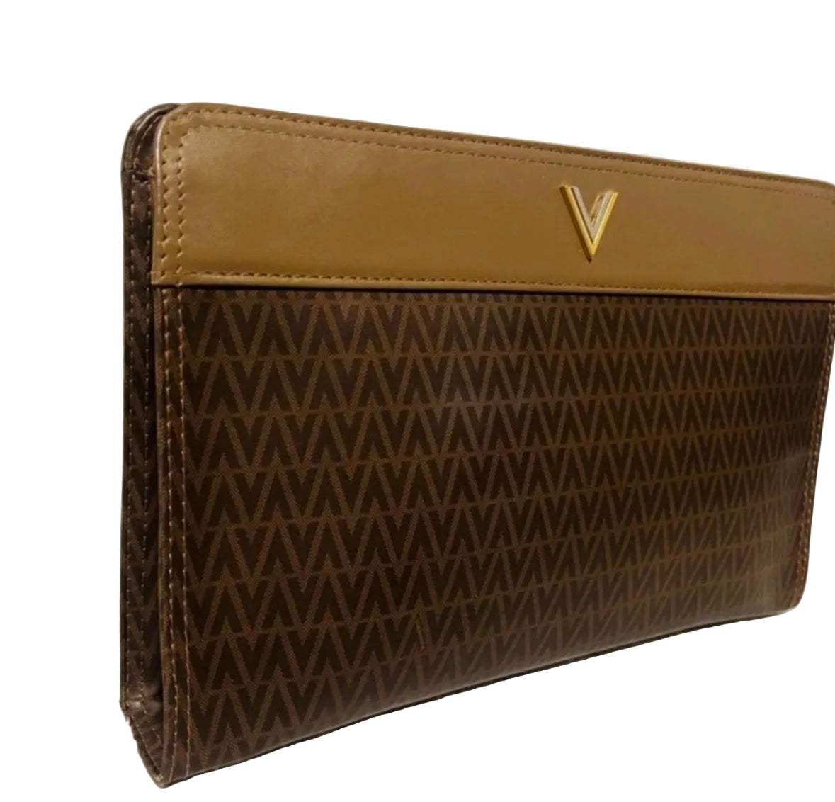 Valentino Vintage Monogram Clutch Bag Brown V Logo Canvas