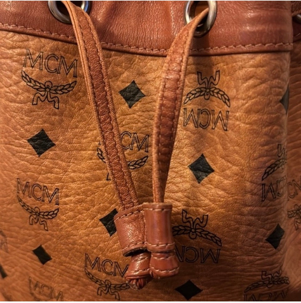 MCM Visetos Cognac Drawstring Bucket Bag (Germany)