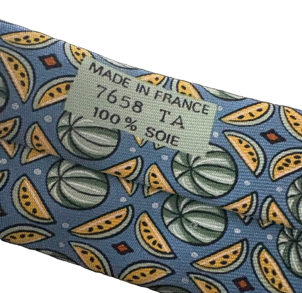Hermès Paris 100% Silk Tie Blue Fruit Melon Novelty Print Made in France