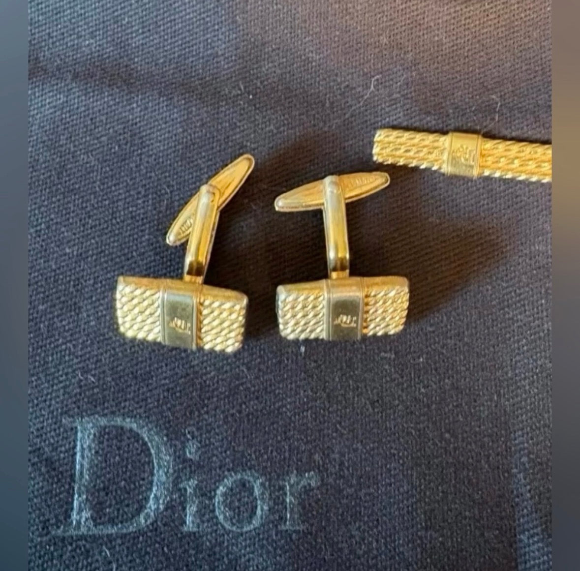 Vintage Christian Dior Gold-Tone Cufflinks & Tie Bar Set with Original Dior Pouch