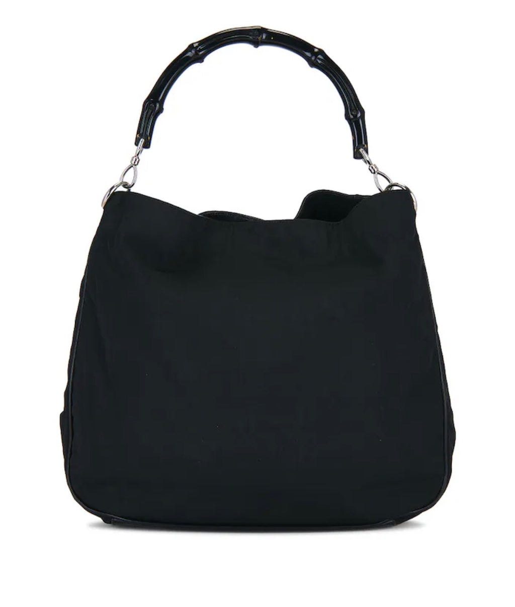 Gucci Bamboo Handle Nylon Hobo Bag Black GG Canvas Vintage Shoulder Bag