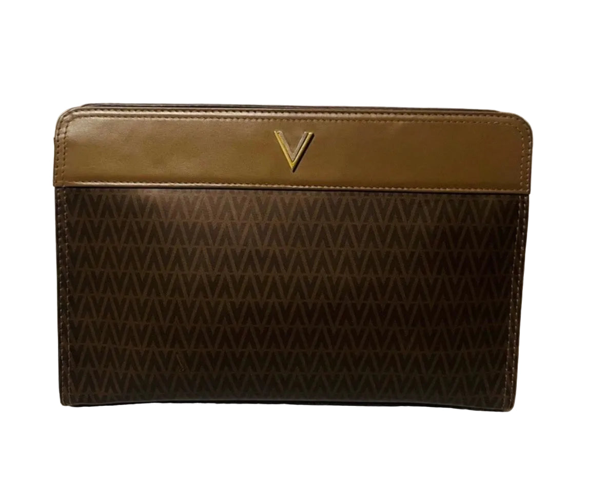 Valentino Vintage Monogram Clutch Bag Brown V Logo Canvas