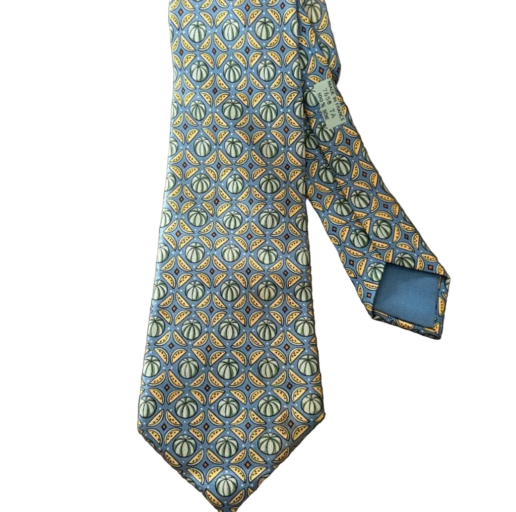 Hermès Paris 100% Silk Tie Blue Fruit Melon Novelty Print Made in France