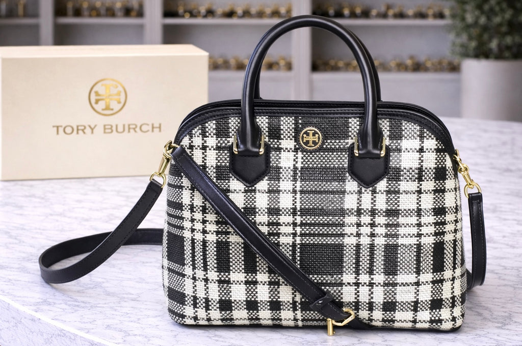 Tory Burch Robinson Large Woven Plaid Satchel
