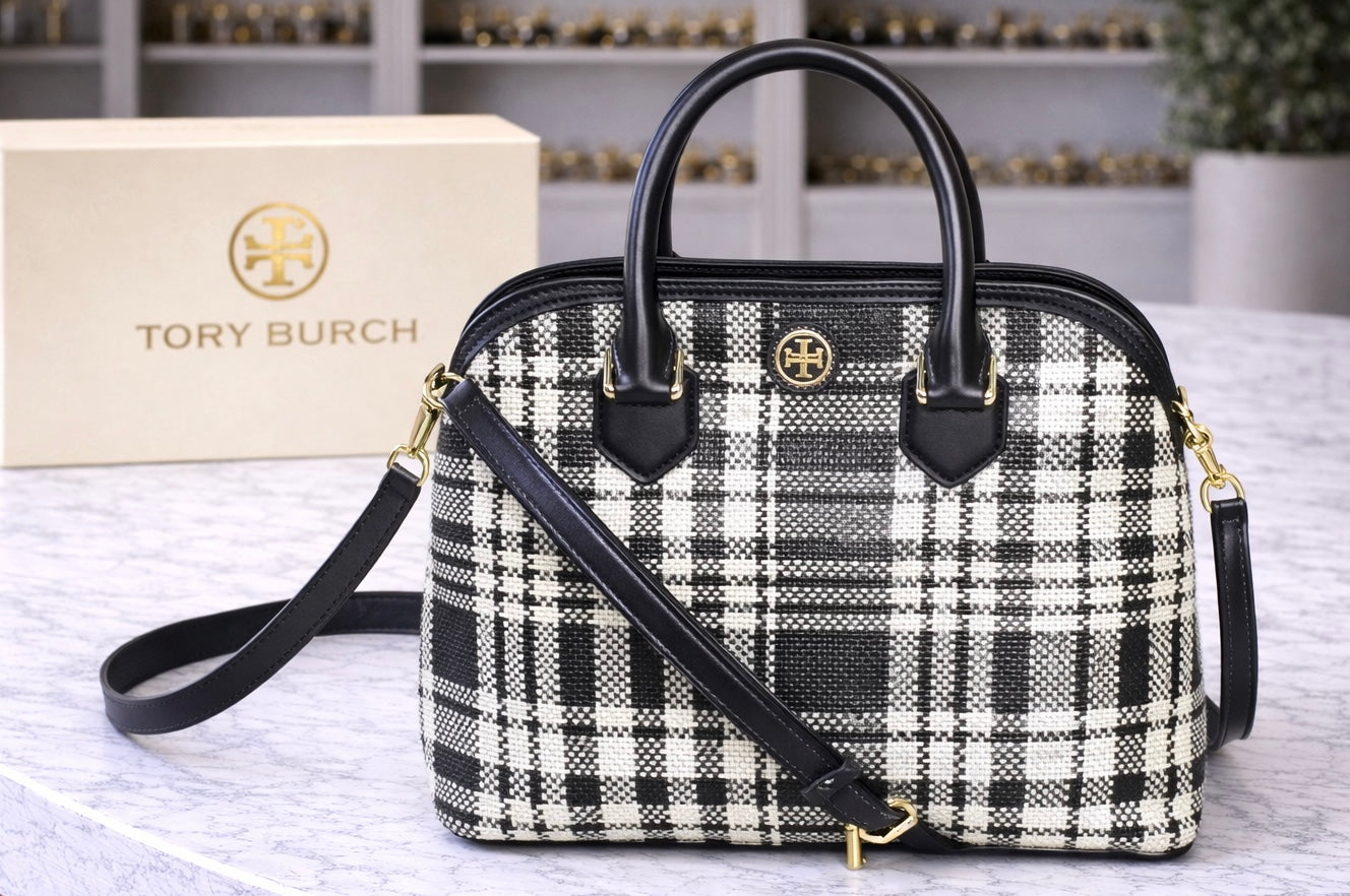 Tory Burch Robinson Large Woven Plaid Satchel