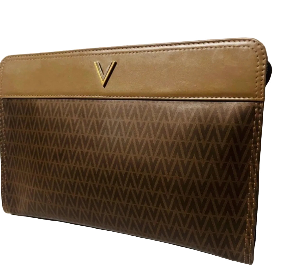 Valentino Vintage Monogram Clutch Bag Brown V Logo Canvas