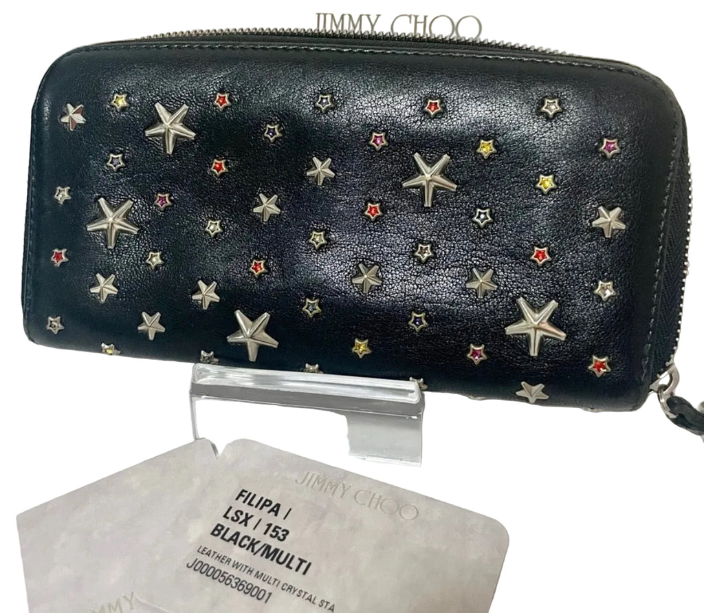 Jimmy Choo Filipa Star Studded Zip Around Wallet Black Multi Crystal Leather