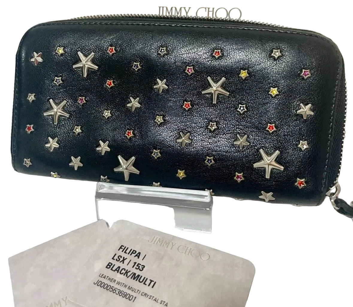 Jimmy Choo Filipa Star Studded Zip Around Wallet Black Multi Crystal Leather
