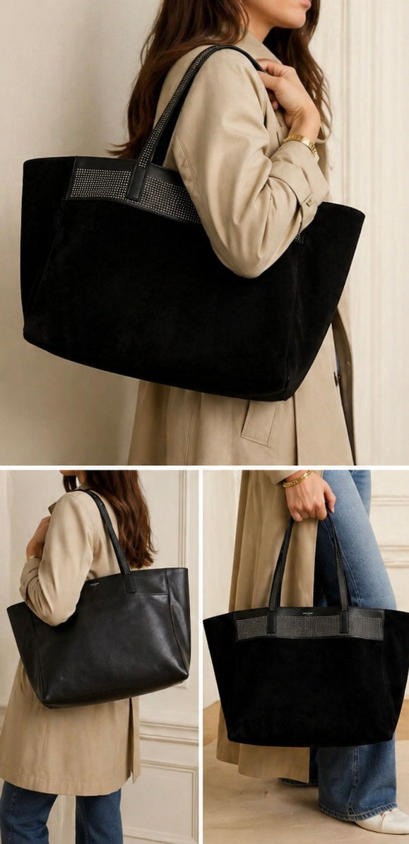 Yves Saint Laurent Reversible East West Shopper Tote Studded Leather & Suede Black
