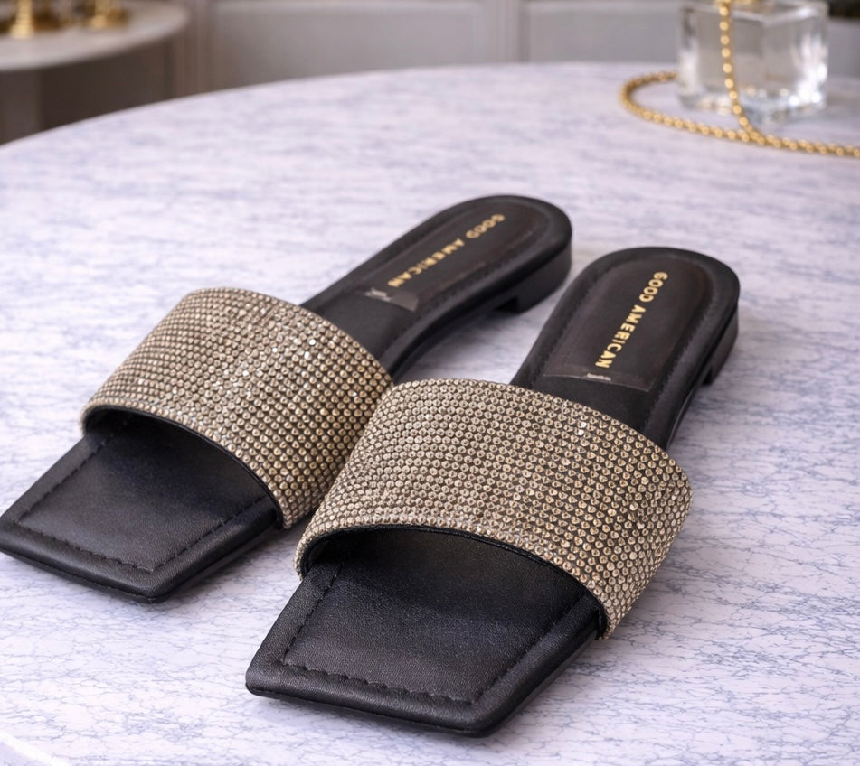 Good American Rhinestone Slide Sandals – Black (Size 9)