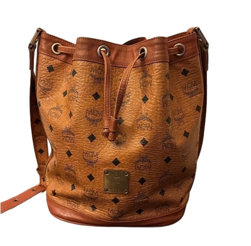 MCM Visetos Cognac Drawstring Bucket Bag (Germany)