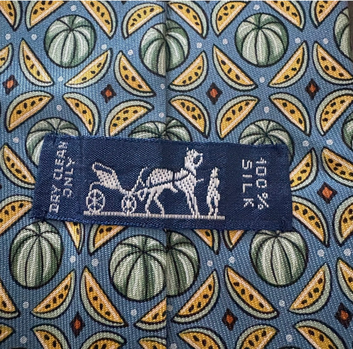 Hermès Paris 100% Silk Tie Blue Fruit Melon Novelty Print Made in France