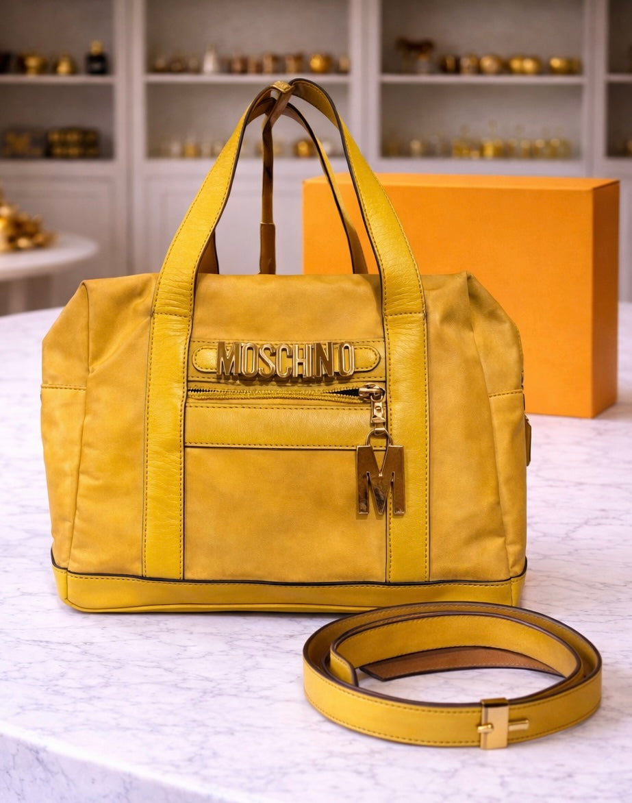 Vintage Moschino Yellow Leather Tote Bag | Gold Logo Charm | Made in Italy