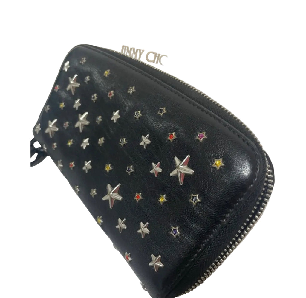 Jimmy Choo Filipa Star Studded Zip Around Wallet Black Multi Crystal Leather