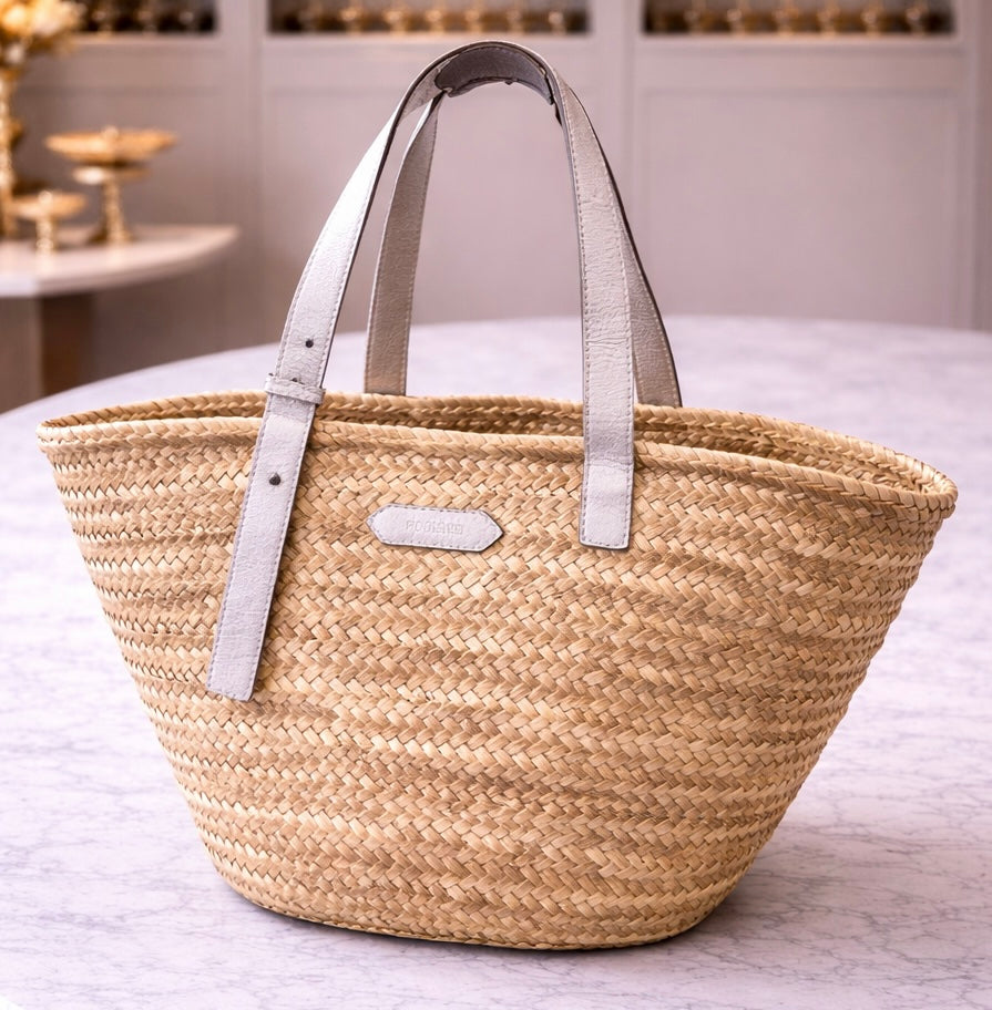 Poolside New York Woven Straw Tote Silver Leather Handles New