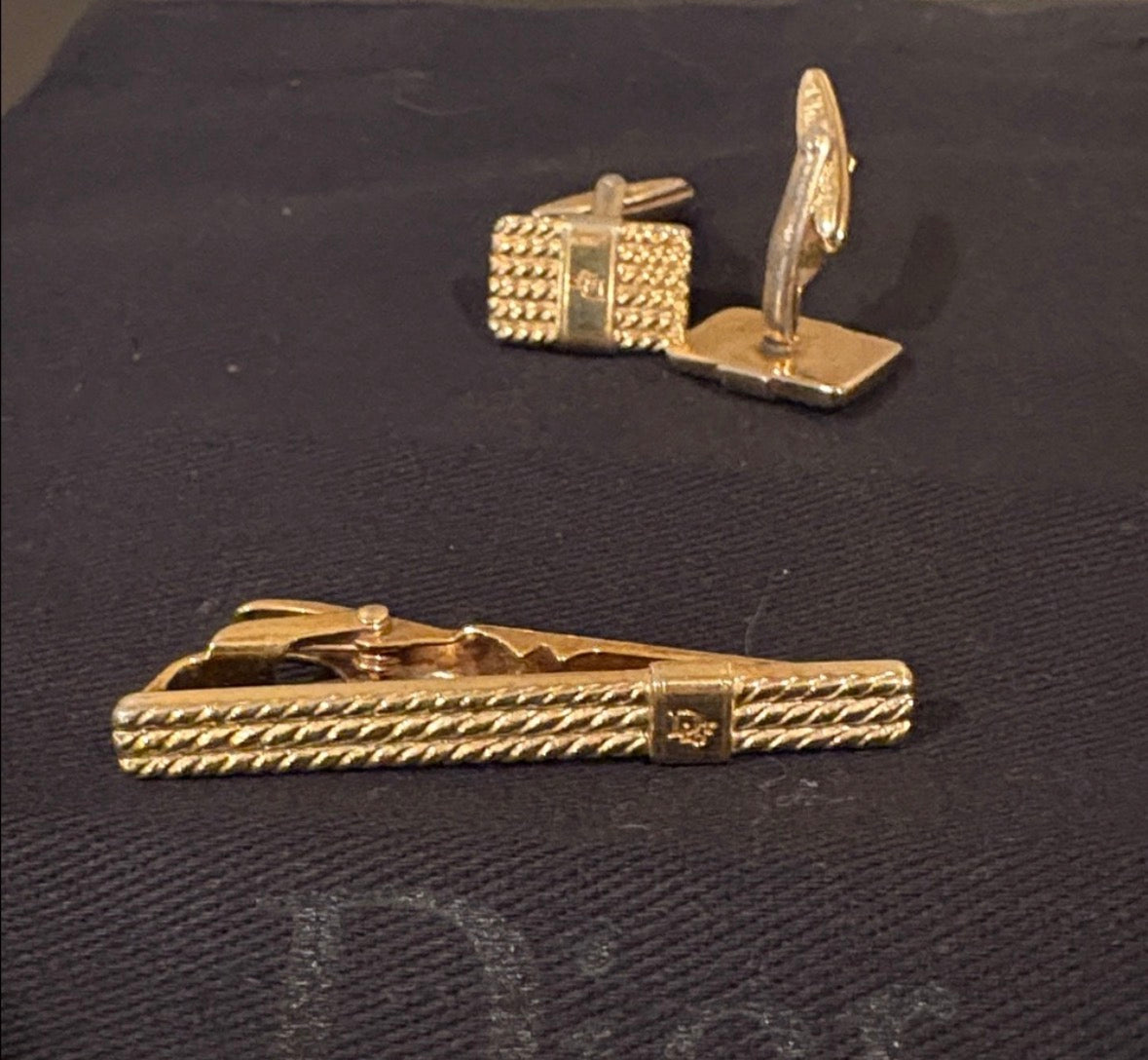 Vintage Christian Dior Gold-Tone Cufflinks & Tie Bar Set with Original Dior Pouch
