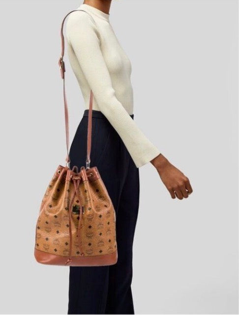 MCM Visetos Cognac Drawstring Bucket Bag (Germany)