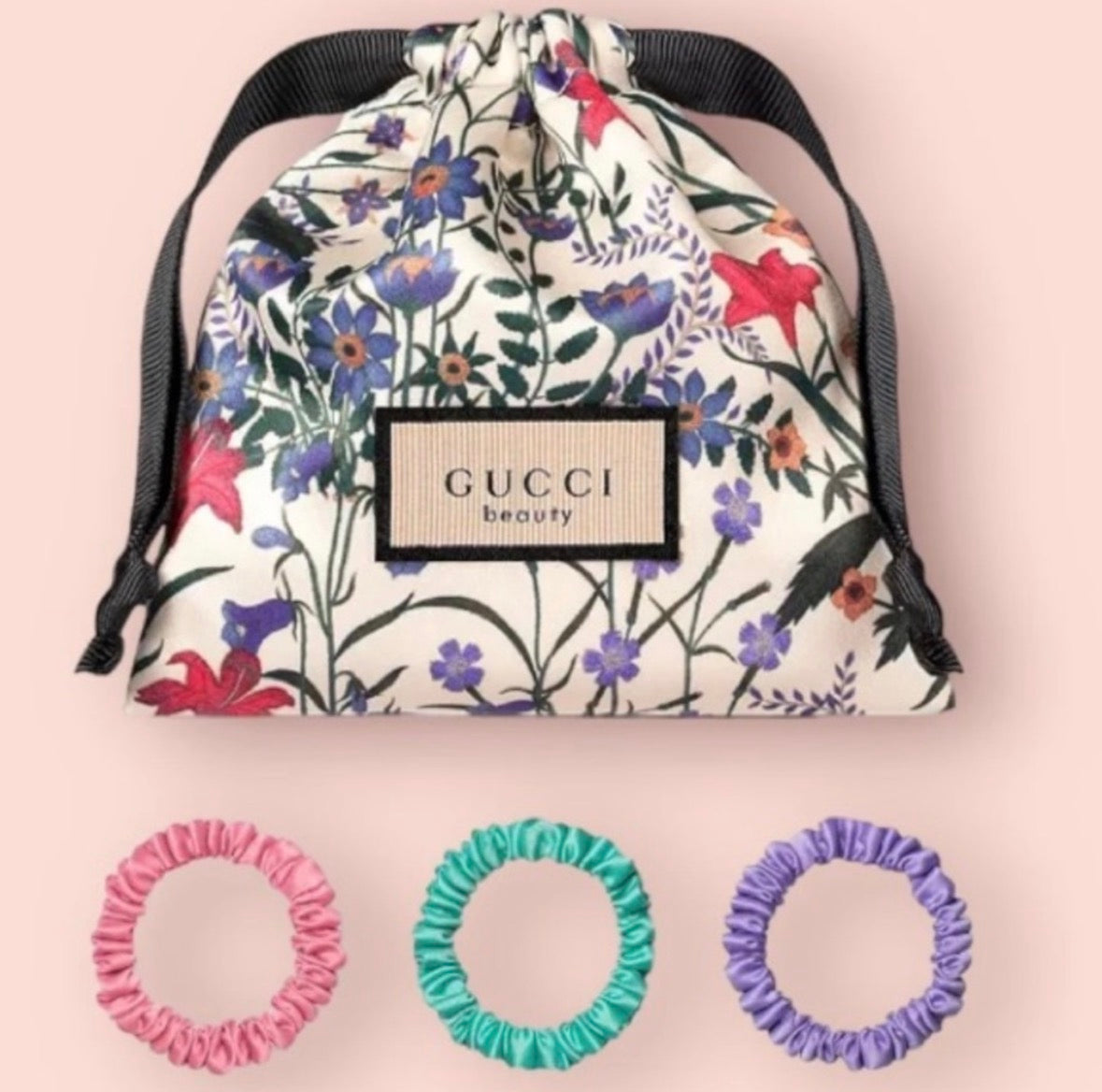 Gucci Beauty Satin Scrunchie Set + Floral Pouch