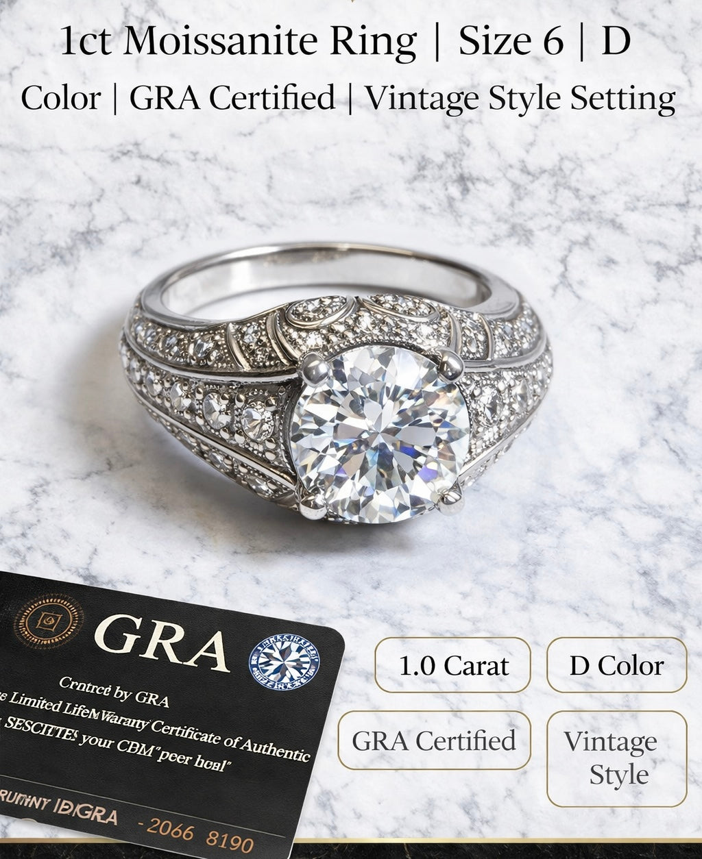 1ct Moissanite Ring | Size 6 | D Color | GRA Certified | Vintage Style Setting