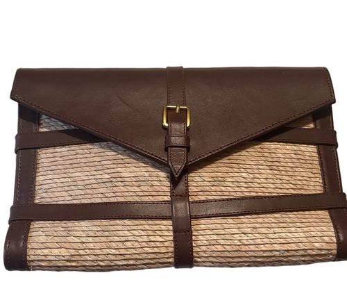 Altuzarra Watermill Raffia Envelope Clutch Leather Trim Straw Designer Clutch